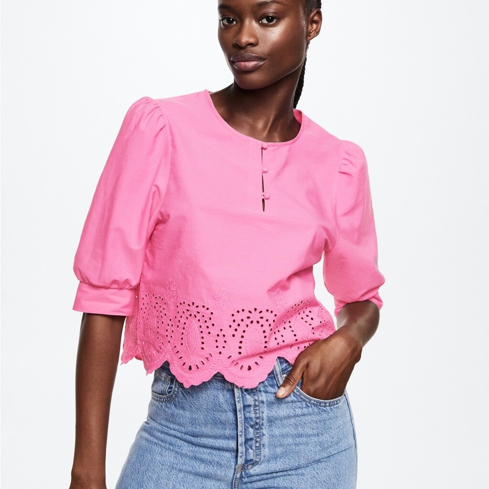 Mango Pink Puff Sleeve Eyelet Blouse